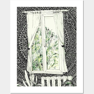 lamp home window behind which nature and greenery, wallpaper patterned mandala, ink, hiking. Posters and Art